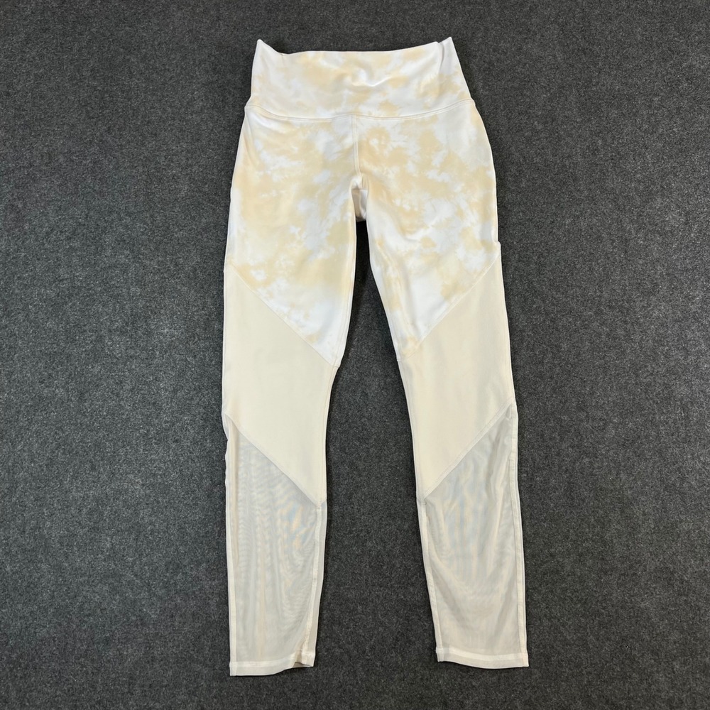 Fabletics PowerHold High Waisted Mesh Panel Tie Dye Leggings Yellow Cream XS